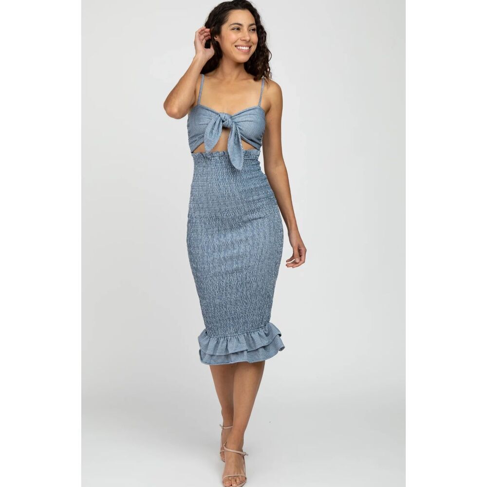 Mable Blue Gingham Smocked Midi Dress Cottagecore Bow Front Sundress
